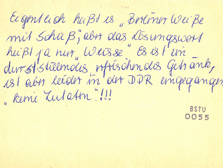 Einsendung für das "klingende Sonntagsrätsel" des RIAS aus dem Bezirk Neubrandenburg.